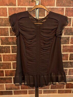 Who What Wear Black Ruched Chiffon Ruffle Blouse S